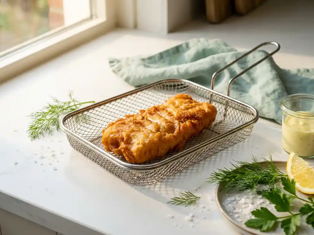 Goudbruin gebakken kibbeling in een airfryer basket, omringd door verse kruiden en zeezoutvlokken met een scheutje citroen.
