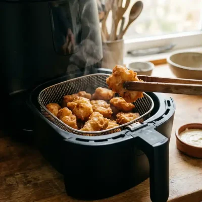 Krokante kibbeling in een airfryer basket, één stukje opgetild met houten tang, met een kommetje dipsaus op de achtergrond.