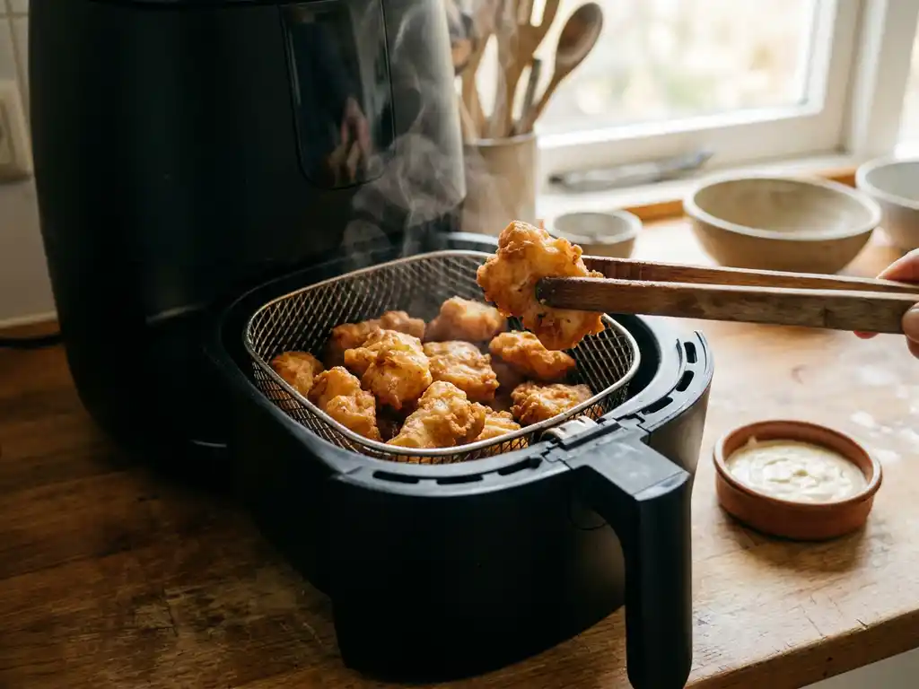 Krokante kibbeling in een airfryer basket, één stukje opgetild met houten tang, met een kommetje dipsaus op de achtergrond.
