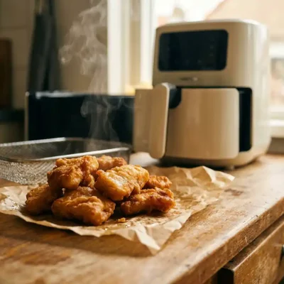 Knapperige gouden kibbeling uit de airfryer op bakpapier, op een rustiek houten aanrecht met airfryer op de achtergrond.