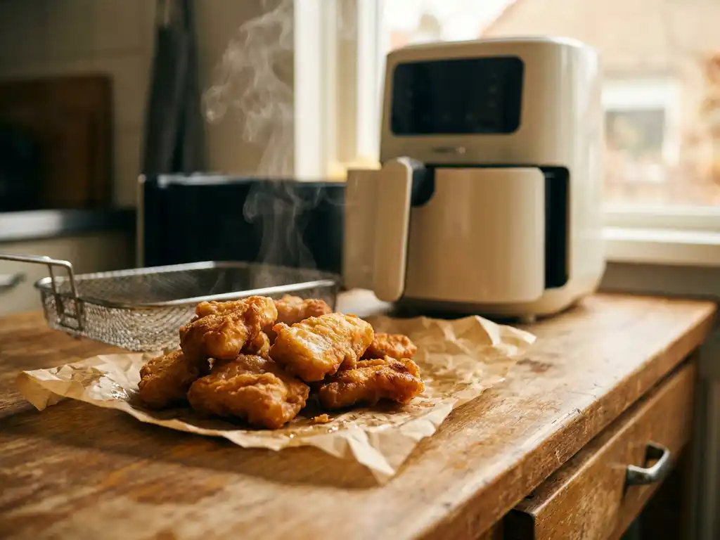 Knapperige gouden kibbeling uit de airfryer op bakpapier, op een rustiek houten aanrecht met airfryer op de achtergrond.