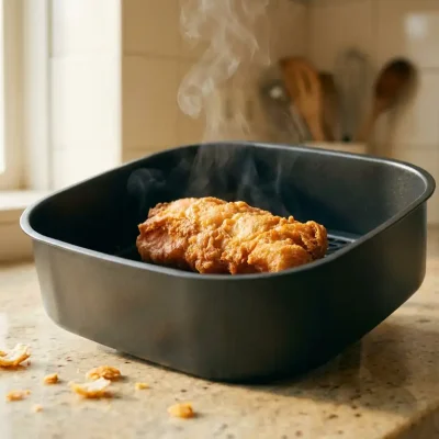 Goudbruin gebakken kibbeling in een airfryer basket met krokante korst en lichte stoomkrul.