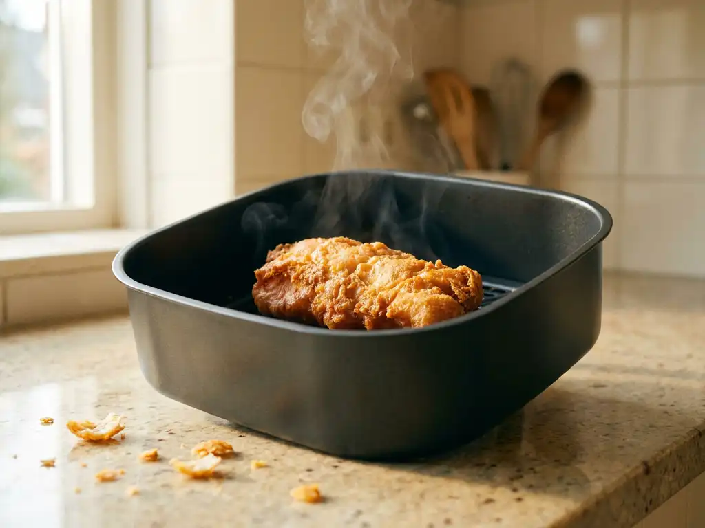 Goudbruin gebakken kibbeling in een airfryer basket met krokante korst en lichte stoomkrul.