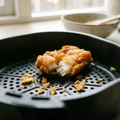 Krokant gebakken kibbeling in een zwarte airfryer basket, met een goudbruin beslag en vlokkerig wit visvlees.