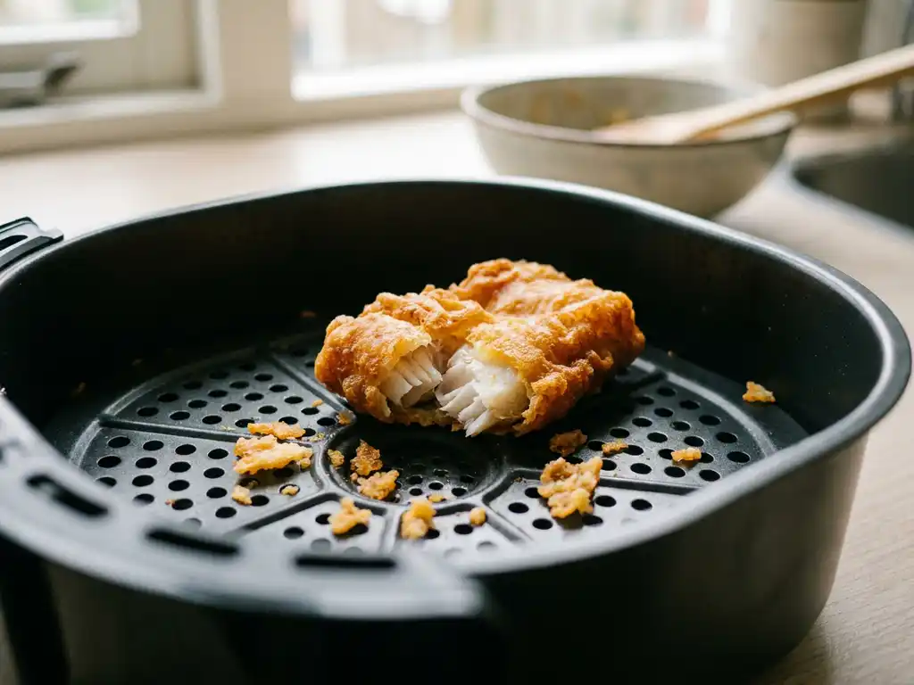 Krokant gebakken kibbeling in een zwarte airfryer basket, met een goudbruin beslag en vlokkerig wit visvlees.