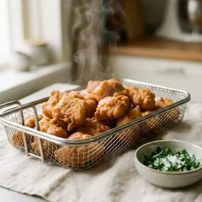 Goudbruine kibbeling in een airfryer-mand, met verse kruiden en zeezoutvlokken op een linnen ondergrond.