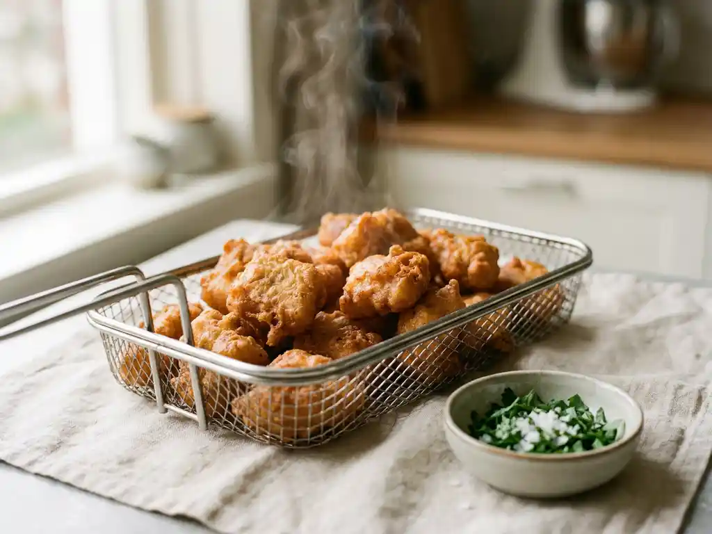 Goudbruine kibbeling in een airfryer-mand, met verse kruiden en zeezoutvlokken op een linnen ondergrond.