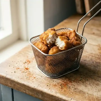 Knapperig gebakken kibbeling in een airfryer basket, één stuk opengebroken met wit vlokkerig visvlees zichtbaar, op houten ondergrond.