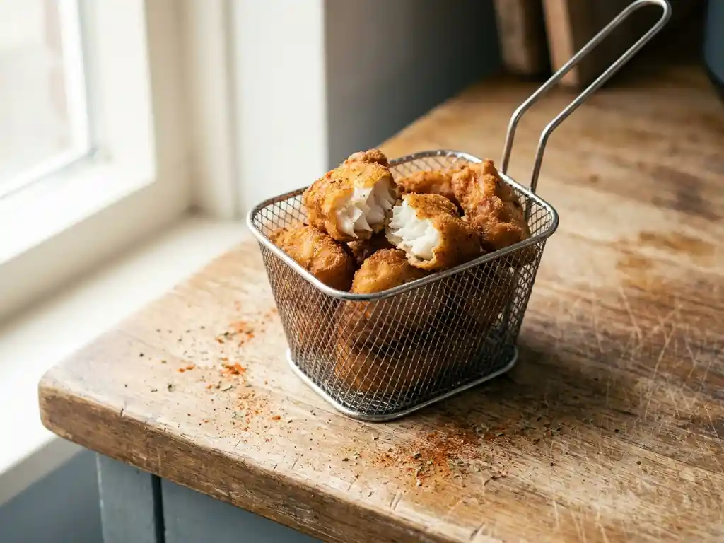 Knapperig gebakken kibbeling in een airfryer basket, één stuk opengebroken met wit vlokkerig visvlees zichtbaar, op houten ondergrond.