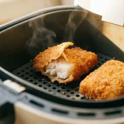 Goudbruin gebakken kibbeling in een zwarte airfryer, met krokant beslag en sappig wit visvlees.