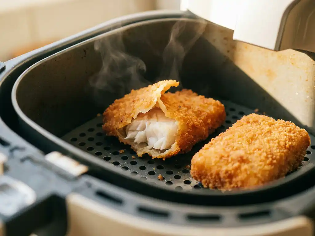 Goudbruin gebakken kibbeling in een zwarte airfryer, met krokant beslag en sappig wit visvlees.