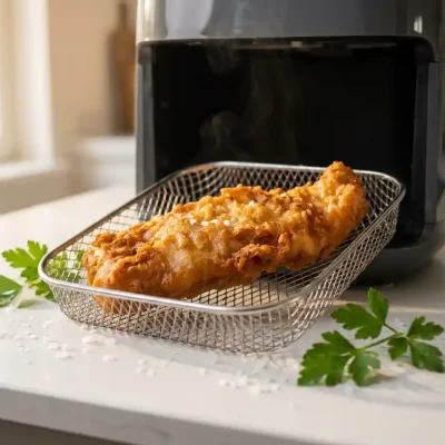 Knapperige kibbeling in airfryer mandje, bestrooid met zeezoutvlokken en verse peterselie op wit keukenblad.