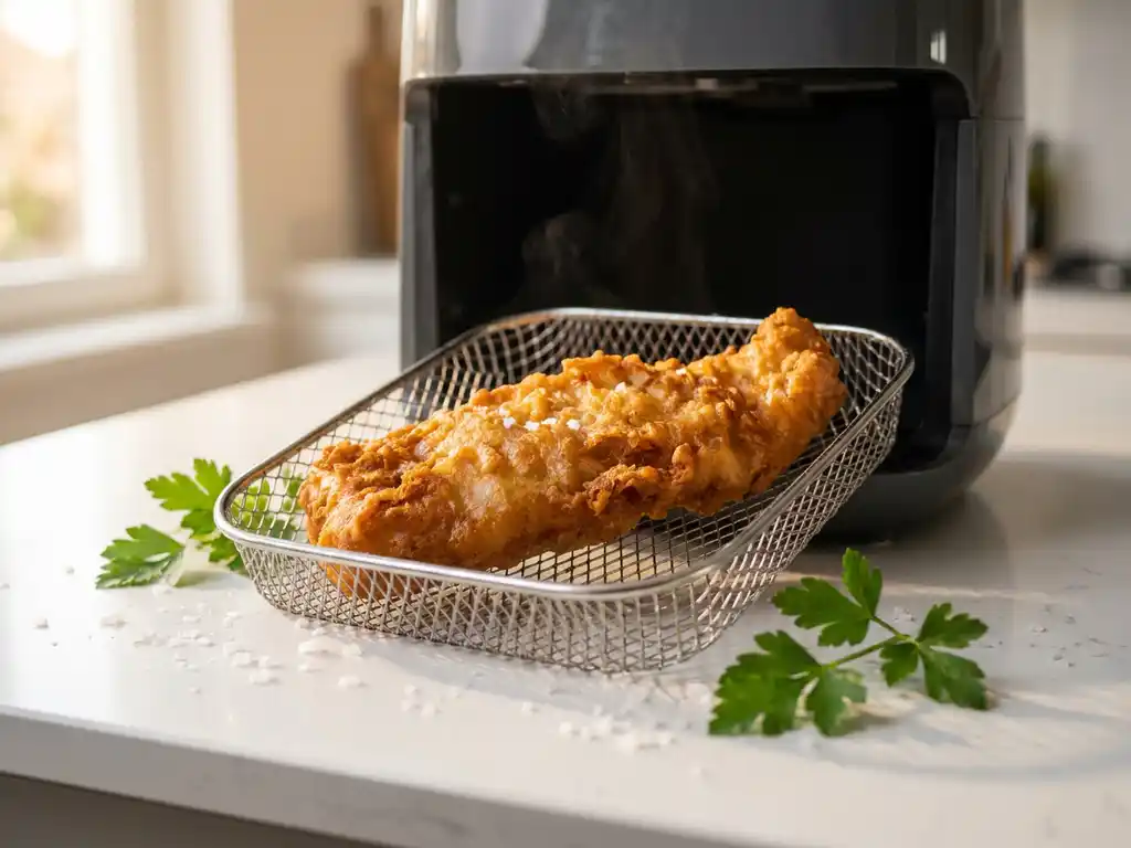 Knapperige kibbeling in airfryer mandje, bestrooid met zeezoutvlokken en verse peterselie op wit keukenblad.