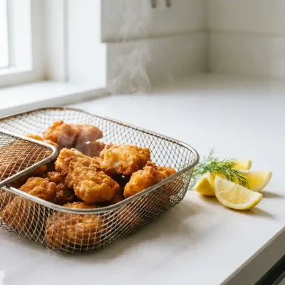 Goudbruin gebakken kibbeling in een airfryer basket met citroenpartjes en een takje verse kruiden.