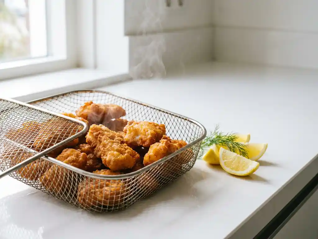 Goudbruin gebakken kibbeling in een airfryer basket met citroenpartjes en een takje verse kruiden.