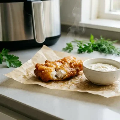 Krokante kibbeling uit de airfryer op bakpapier, met een kommetje romige dipsaus en verse kruiden op een lichtgrijze ondergrond.