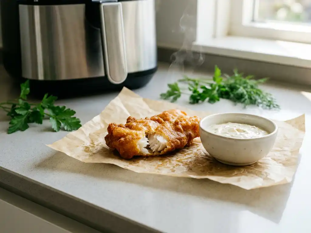 Krokante kibbeling uit de airfryer op bakpapier, met een kommetje romige dipsaus en verse kruiden op een lichtgrijze ondergrond.