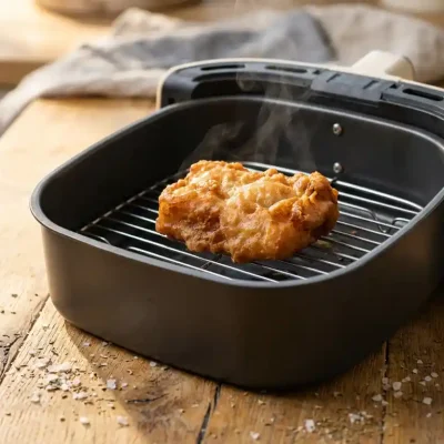 Knapperig goudbruin stukje kibbeling in airfryer op rooster, met zeezoutvlokken en gedroogde kruiden op verweerd eikenhout.