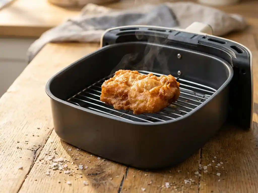 Knapperig goudbruin stukje kibbeling in airfryer op rooster, met zeezoutvlokken en gedroogde kruiden op verweerd eikenhout.