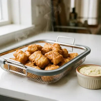 Knapperige kibbeling in een airfryer basket met een romig dipsausje, goudbruin gefrituurde coating close-up zichtbaar.