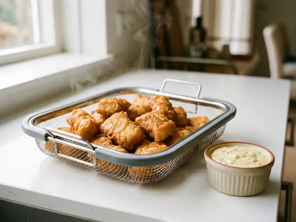 Knapperige kibbeling in een airfryer basket met een romig dipsausje, goudbruin gefrituurde coating close-up zichtbaar.