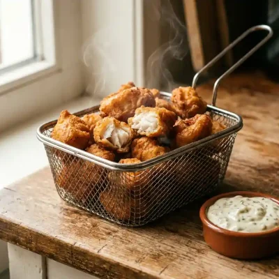 Knapperige kibbeling in een airfryer-mand met zichtbaar wit visvlees, stoom en een schaaltje romige dipsaus op een houten ondergrond.