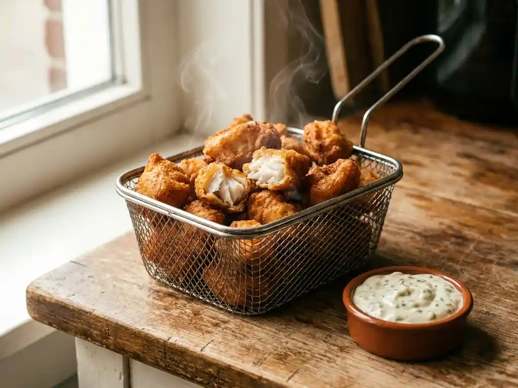 Knapperige kibbeling in een airfryer-mand met zichtbaar wit visvlees, stoom en een schaaltje romige dipsaus op een houten ondergrond.