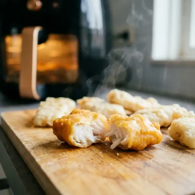 Goudbruin stukje kibbeling opengesneden met mals wit visvlees, omringd door vette gefrituurde vis op een houten snijplank.