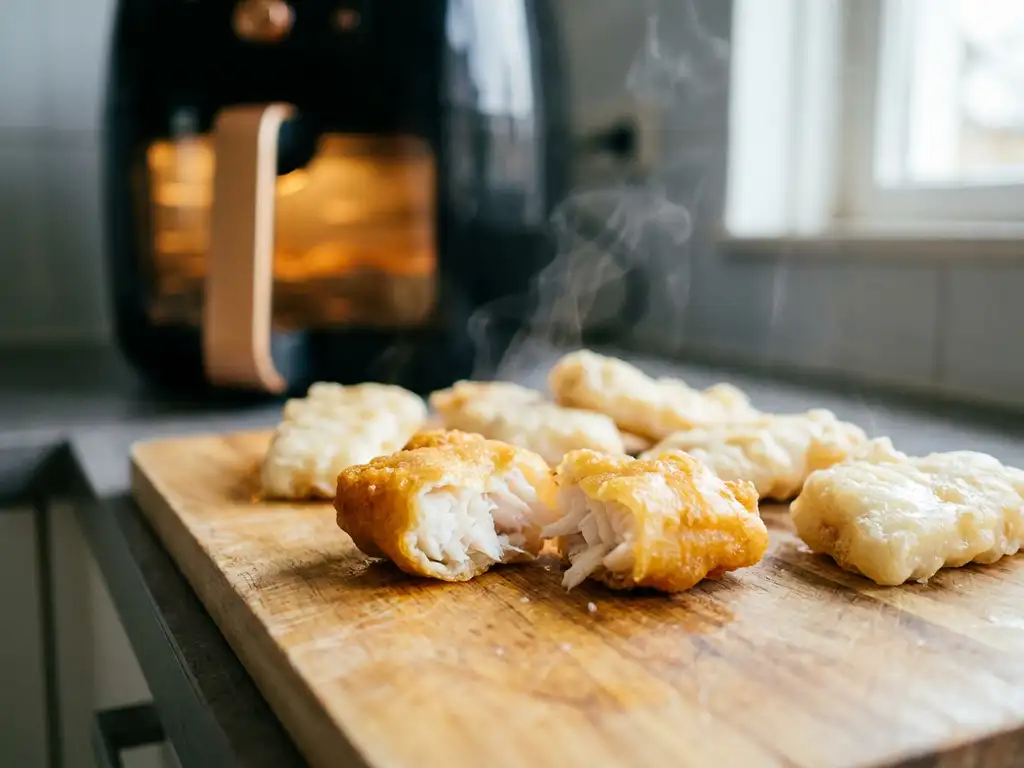 Goudbruin stukje kibbeling opengesneden met mals wit visvlees, omringd door vette gefrituurde vis op een houten snijplank.