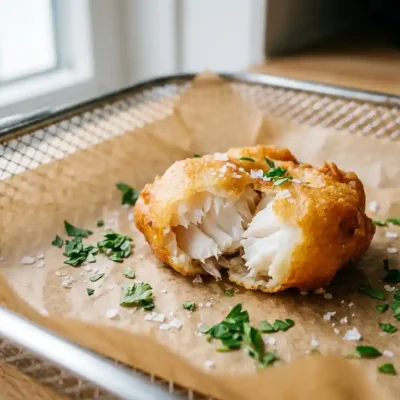 Knapperige kibbeling met schilferig wit visvlees in een airfryer, bestrooid met zeezoutvlokken en verse peterselie.