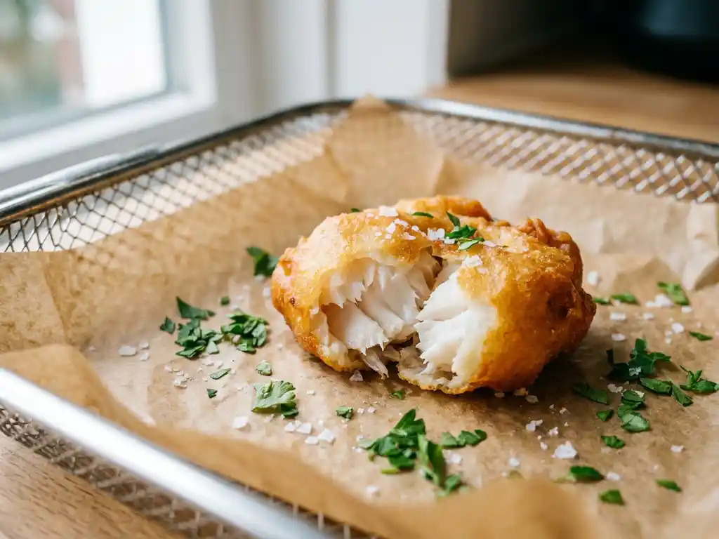 Knapperige kibbeling met schilferig wit visvlees in een airfryer, bestrooid met zeezoutvlokken en verse peterselie.