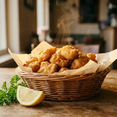 Goudgebakken kibbeling in rieten mandje met perkamentpapier, citroenpartje en verse peterselie op verweerd houten oppervlak.