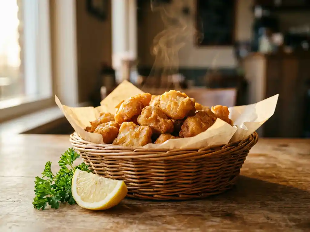 Goudgebakken kibbeling in rieten mandje met perkamentpapier, citroenpartje en verse peterselie op verweerd houten oppervlak.