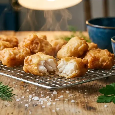 Goudbruin gebakken kibbeling op een rooster, één stuk opengebroken met witte visflinters zichtbaar, bestrooid met zeezoutvlokken en verse kruiden.