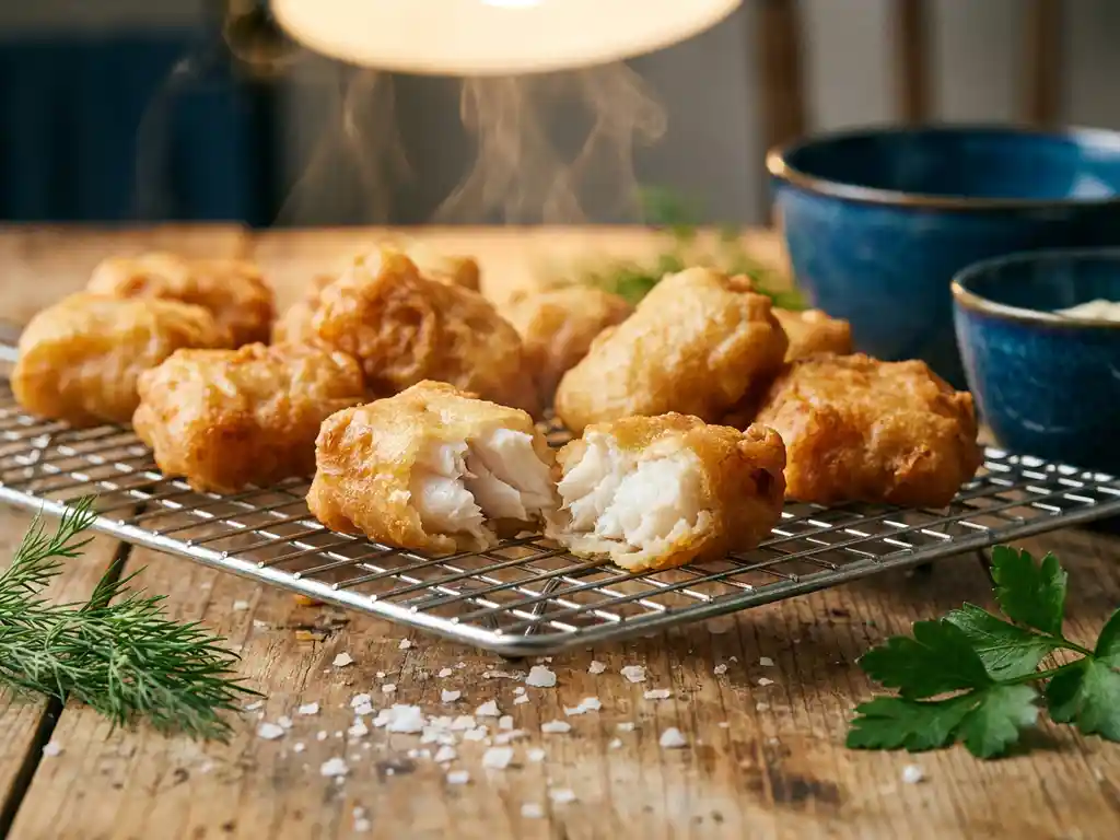 Goudbruin gebakken kibbeling op een rooster, één stuk opengebroken met witte visflinters zichtbaar, bestrooid met zeezoutvlokken en verse kruiden.