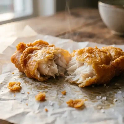 Kibbeling opengesneden met malse witte visfilet zichtbaar, goudbruin beslag op bakpapier, zachte natuurlijke belichting.