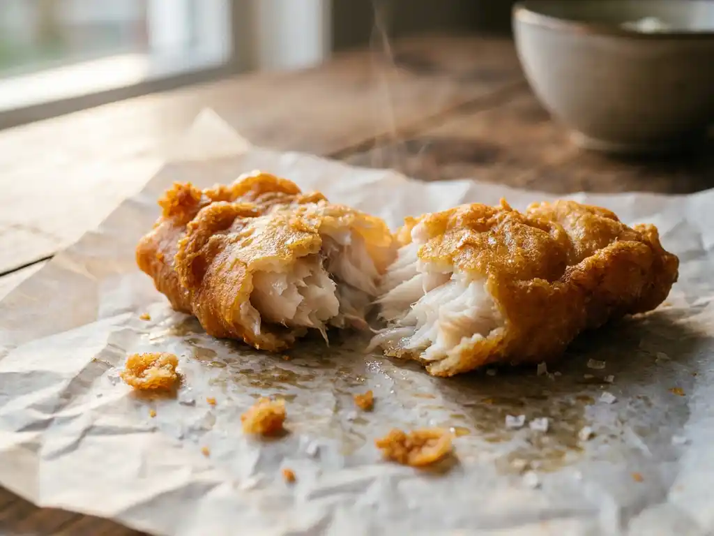 Kibbeling opengesneden met malse witte visfilet zichtbaar, goudbruin beslag op bakpapier, zachte natuurlijke belichting.