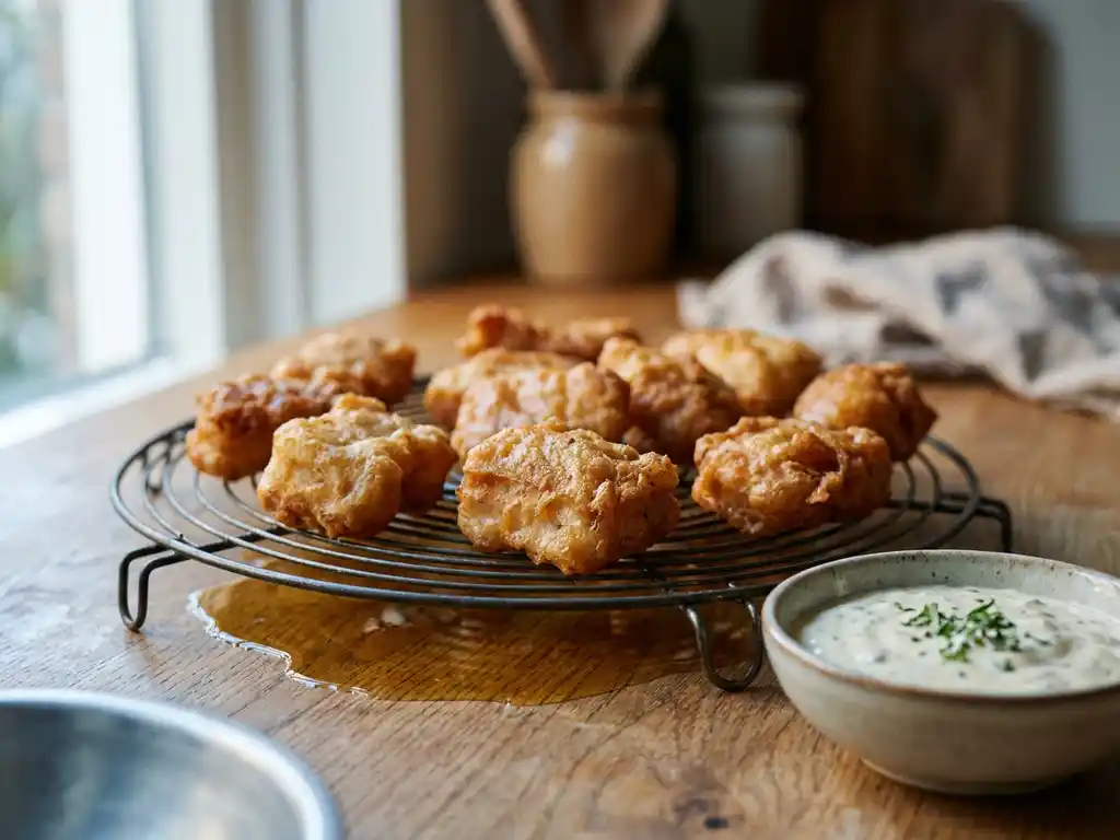 Knapperige kibbeling op een rooster naast een schaaltje romige dipsaus, gefotografeerd op ooghoogte met zacht natuurlijk licht.