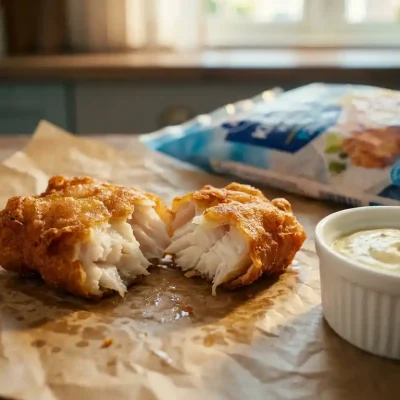 Goudbruin gebakken kibbeling op bakpapier met romige dipsaus, wit visvlees zichtbaar, diepgevroren vispakket op achtergrond.