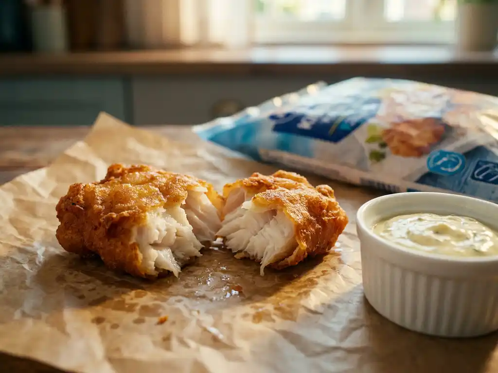 Goudbruin gebakken kibbeling op bakpapier met romige dipsaus, wit visvlees zichtbaar, diepgevroren vispakket op achtergrond.