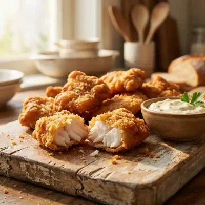Knapperige gouden kibbeling op een houten plank, één stuk opengebroken met mals wit visvlees, met romige dipsaus erbij.