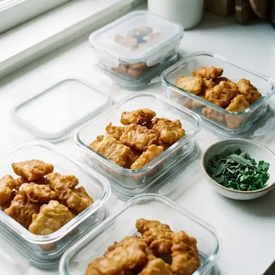 Meal prep met gouden kibbeling in glazen bewaardozen op wit aanrecht, verse kruiden erbij, zachte natuurlijke belichting.