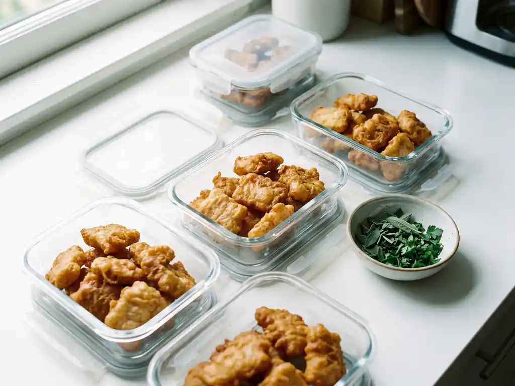 Meal prep met gouden kibbeling in glazen bewaardozen op wit aanrecht, verse kruiden erbij, zachte natuurlijke belichting.