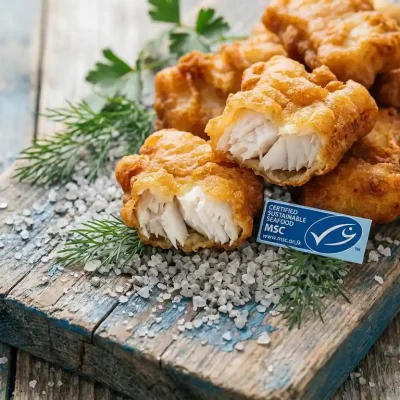 Knapperige kibbeling op grof zeezout en verse kruiden, met een MSC-certificeringstag op een verweerd houten vismarktoppervlak.