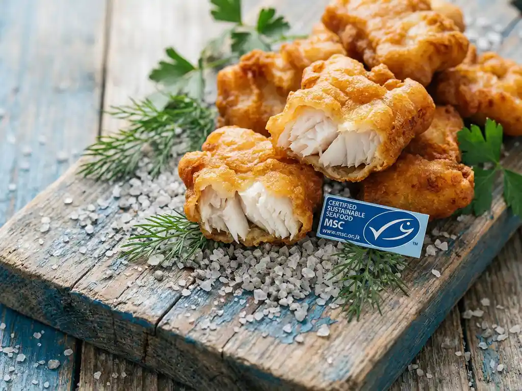 Knapperige kibbeling op grof zeezout en verse kruiden, met een MSC-certificeringstag op een verweerd houten vismarktoppervlak.