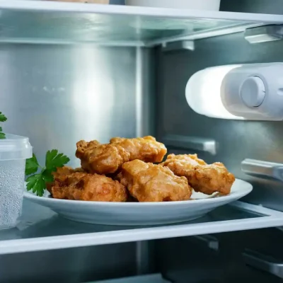 Gouden stukjes kibbeling op een wit bord in de koelkast, ontdooiend naast verpakking met condensdruppels en een takje peterselie.