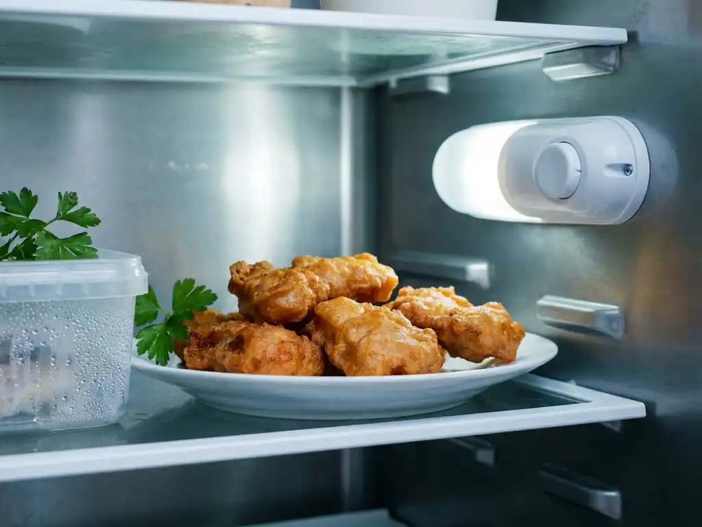 Gouden stukjes kibbeling op een wit bord in de koelkast, ontdooiend naast verpakking met condensdruppels en een takje peterselie.