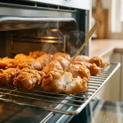 Goudbruin gebakken kibbeling op een rooster in de oven, met een houten prikker die het schilferige witte visvlees binnenin toont.