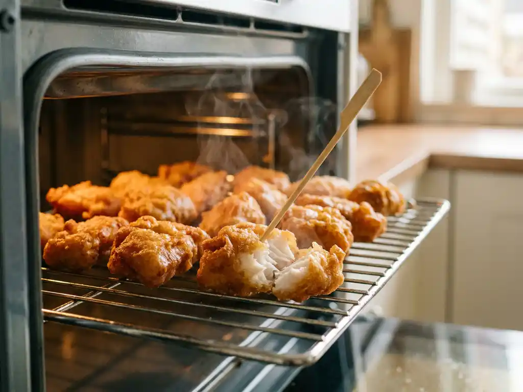 Goudbruin gebakken kibbeling op een rooster in de oven, met een houten prikker die het schilferige witte visvlees binnenin toont.