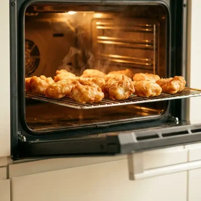 Goudbruin gebakken kibbeling op een rooster in een hete oven, stoom stijgt op van het krokante beslag, warme amberkleurige tinten.